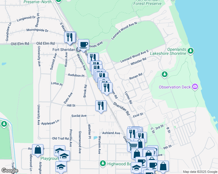 map of restaurants, bars, coffee shops, grocery stores, and more near 102 Westover Road in Highwood