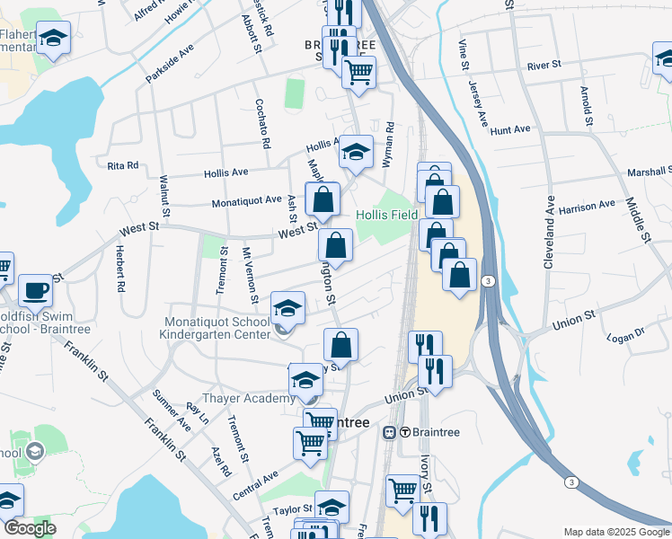 map of restaurants, bars, coffee shops, grocery stores, and more near 11 Sherbrooke Avenue in Braintree