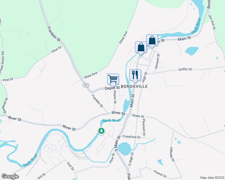 map of restaurants, bars, coffee shops, grocery stores, and more near 10 Keyes Street in Belchertown