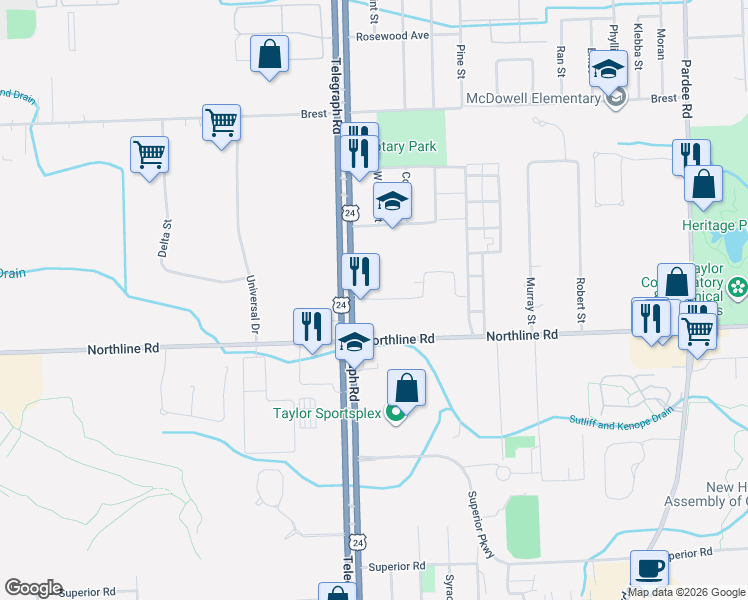 map of restaurants, bars, coffee shops, grocery stores, and more near 12831 Telegraph Road in Taylor