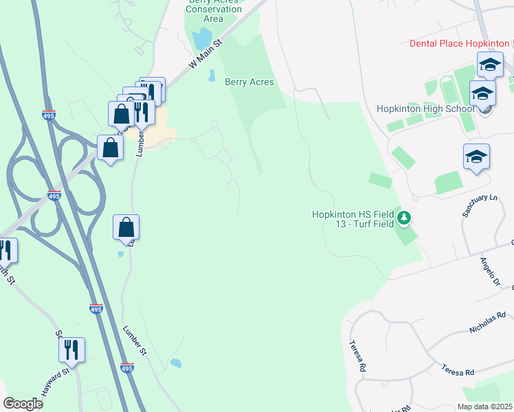 map of restaurants, bars, coffee shops, grocery stores, and more near Revolutionary Way in Hopkinton