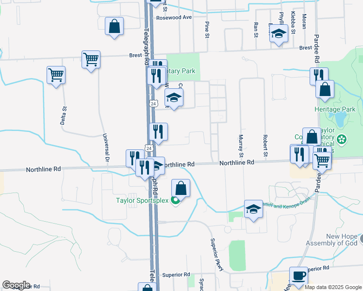 map of restaurants, bars, coffee shops, grocery stores, and more near 12841 Telegraph Road in Taylor
