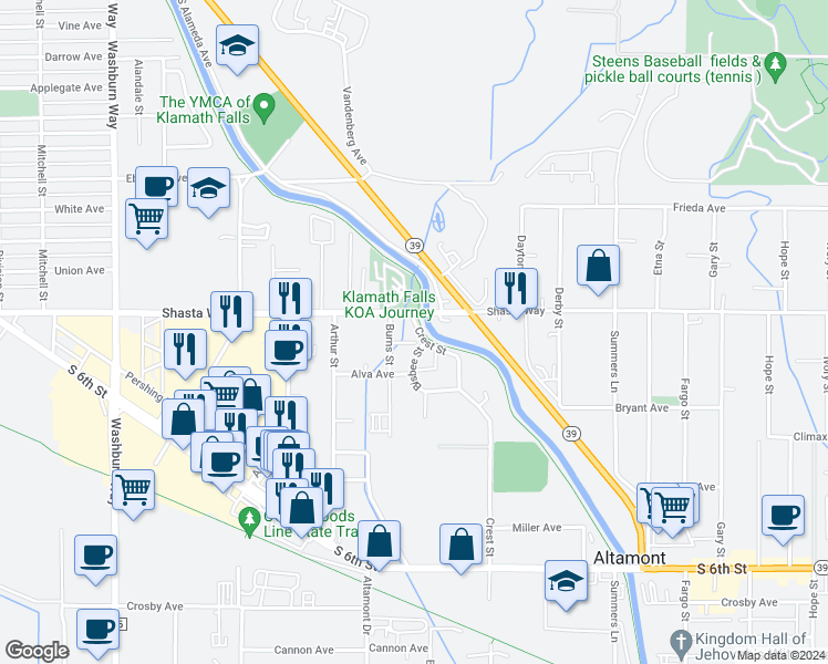 map of restaurants, bars, coffee shops, grocery stores, and more near 1708 Crest Street in Klamath Falls