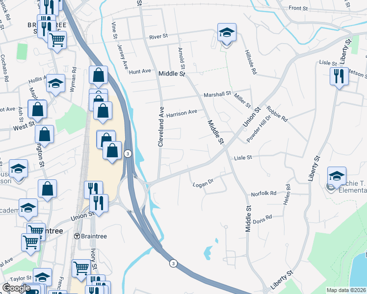 map of restaurants, bars, coffee shops, grocery stores, and more near 44 Bradley Road in Braintree
