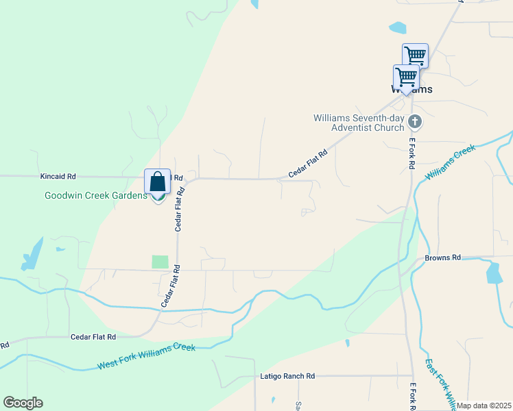 map of restaurants, bars, coffee shops, grocery stores, and more near 631 Cedar Flat Road in Williams