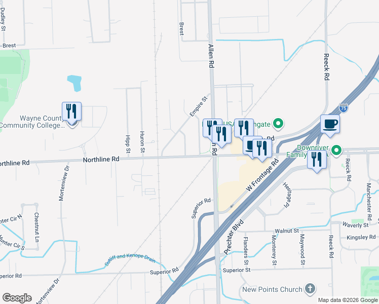 map of restaurants, bars, coffee shops, grocery stores, and more near 20212 Northline Road in Taylor