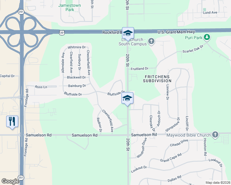 map of restaurants, bars, coffee shops, grocery stores, and more near 2895 Bluffside Drive in Rockford