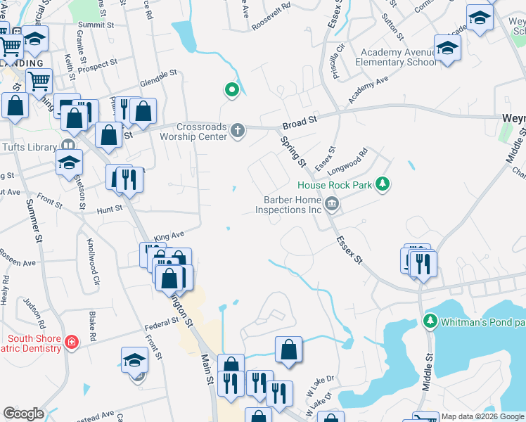 map of restaurants, bars, coffee shops, grocery stores, and more near 81 Meredith Way in Weymouth