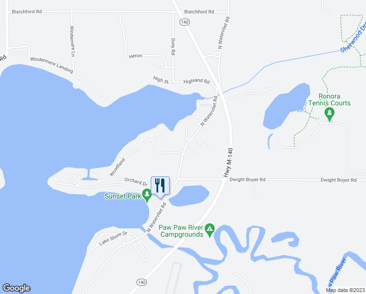map of restaurants, bars, coffee shops, grocery stores, and more near 5632 North Watervliet Road in Watervliet