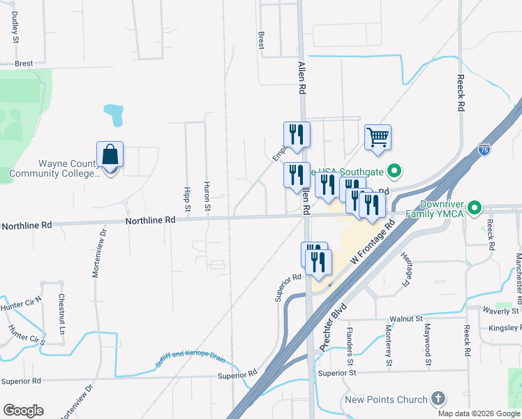 map of restaurants, bars, coffee shops, grocery stores, and more near 20212 Northline Road in Taylor