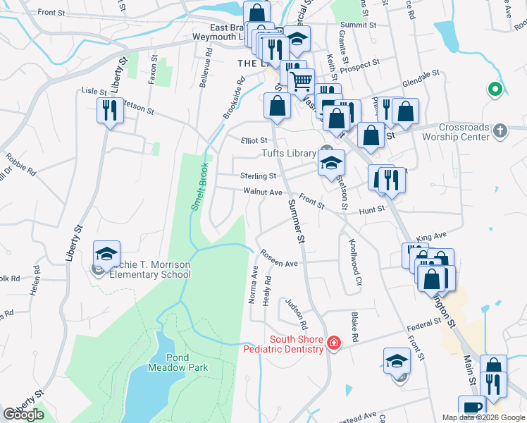 map of restaurants, bars, coffee shops, grocery stores, and more near 37 Thayer Avenue in Weymouth