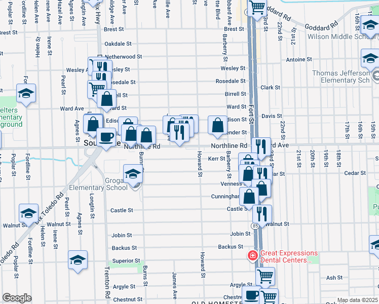 map of restaurants, bars, coffee shops, grocery stores, and more near 13312 Kerr Street in Southgate