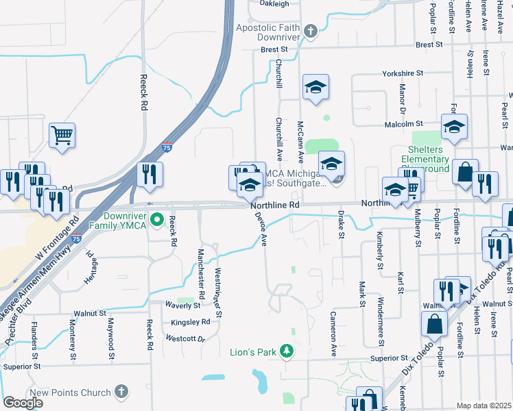 map of restaurants, bars, coffee shops, grocery stores, and more near Northline Rd & Devoe St in Southgate