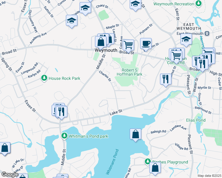 map of restaurants, bars, coffee shops, grocery stores, and more near 96 Walton Street in Weymouth