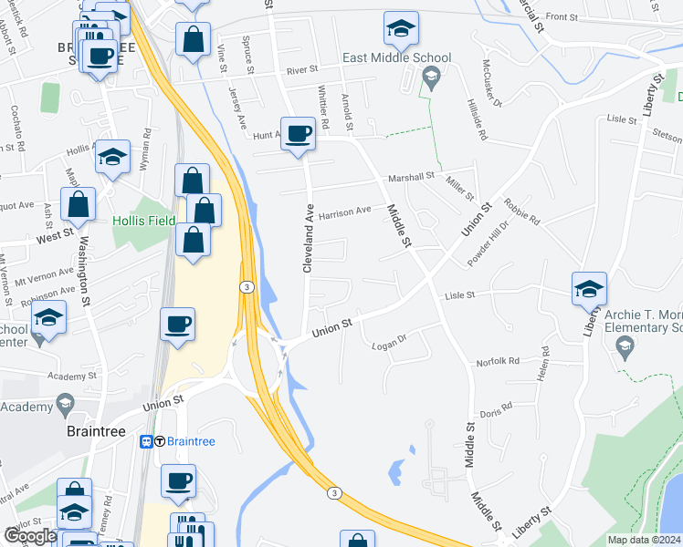 map of restaurants, bars, coffee shops, grocery stores, and more near 44 Bradley Road in Braintree