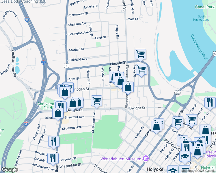map of restaurants, bars, coffee shops, grocery stores, and more near 916-918 Hampden Street in Holyoke