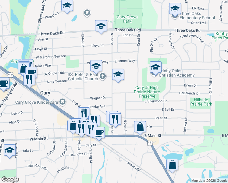 map of restaurants, bars, coffee shops, grocery stores, and more near 101 Sunset Drive in Cary