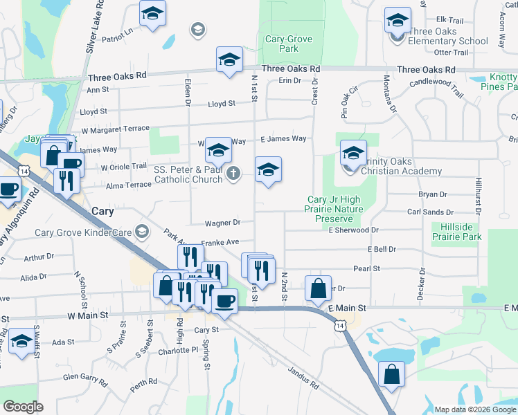 map of restaurants, bars, coffee shops, grocery stores, and more near 101 Sunset Drive in Cary