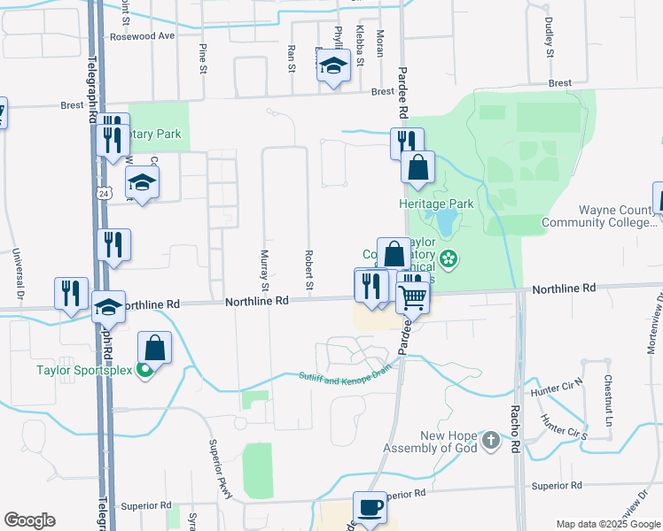 map of restaurants, bars, coffee shops, grocery stores, and more near 22950 Northline Road in Taylor