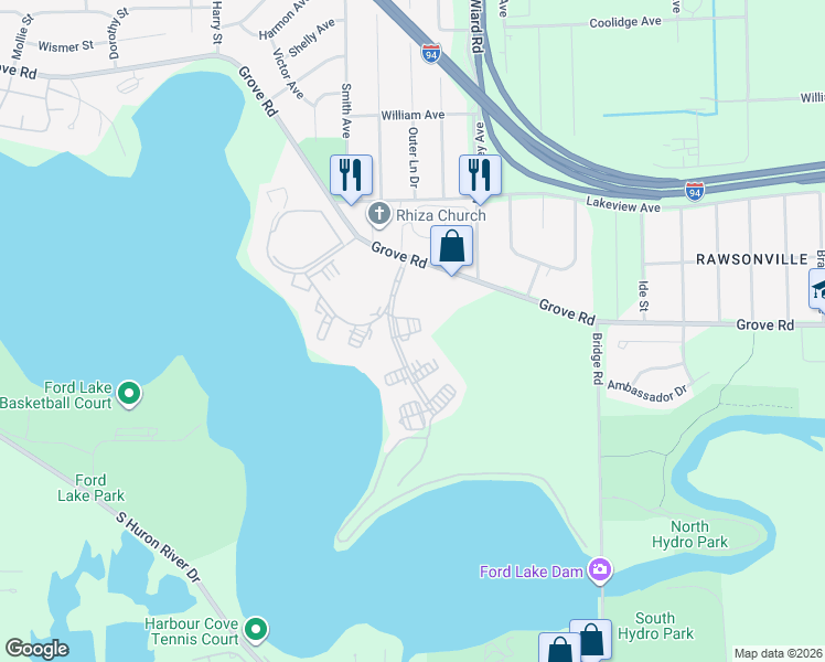 map of restaurants, bars, coffee shops, grocery stores, and more near 2421 Lakeshore Boulevard in Ypsilanti