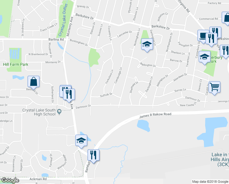 map of restaurants, bars, coffee shops, grocery stores, and more near 985 Cambridge Lane in Crystal Lake