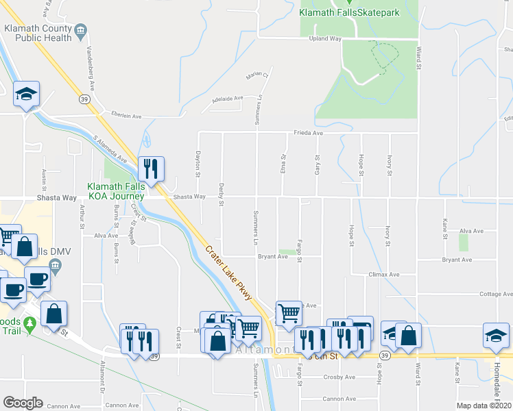 map of restaurants, bars, coffee shops, grocery stores, and more near 4076 Shasta Way in Klamath Falls
