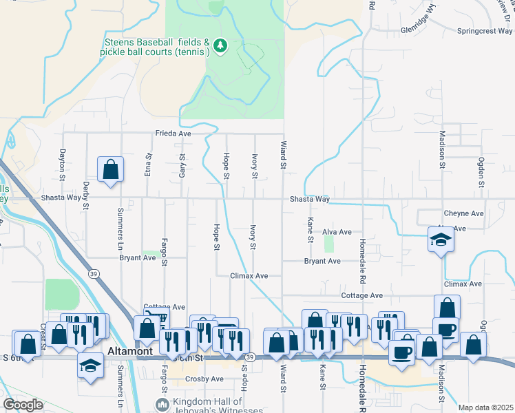 map of restaurants, bars, coffee shops, grocery stores, and more near 4810 Shasta Way in Klamath Falls
