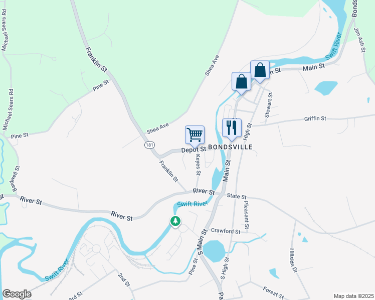 map of restaurants, bars, coffee shops, grocery stores, and more near 12 Depot Street in Belchertown