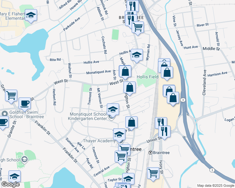 map of restaurants, bars, coffee shops, grocery stores, and more near 15 Robinson Avenue in Braintree