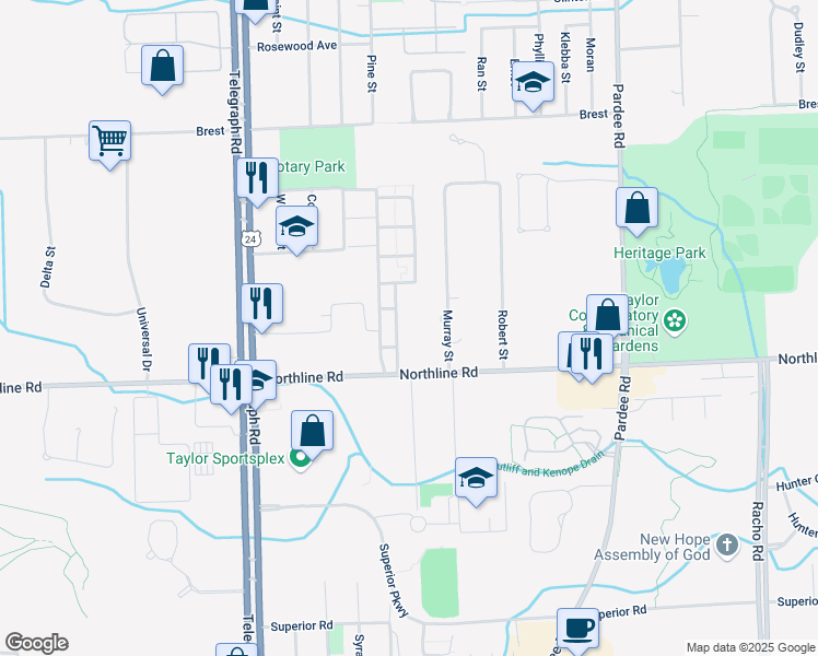 map of restaurants, bars, coffee shops, grocery stores, and more near 12942 Murray Street in Taylor