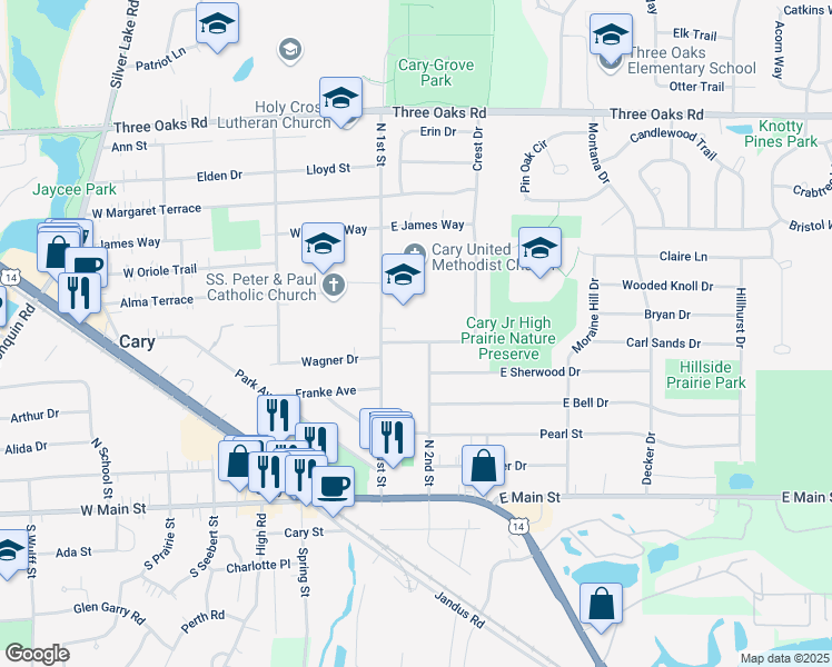 map of restaurants, bars, coffee shops, grocery stores, and more near 101 Sunset Drive in Cary