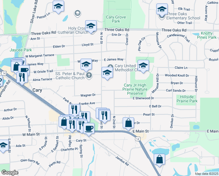 map of restaurants, bars, coffee shops, grocery stores, and more near 101 Sunset Drive in Cary