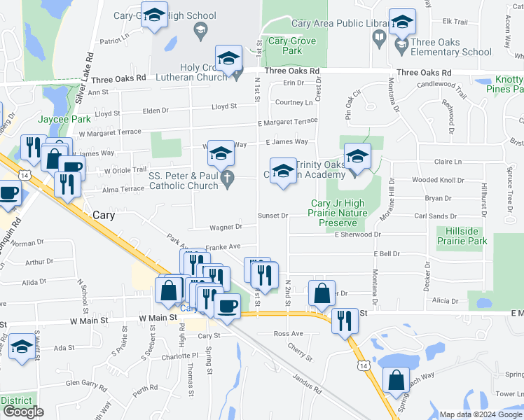map of restaurants, bars, coffee shops, grocery stores, and more near 101 Sunset Drive in Cary
