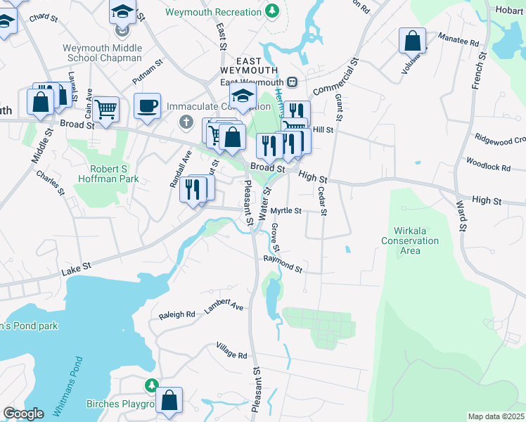 map of restaurants, bars, coffee shops, grocery stores, and more near Water Street in Weymouth