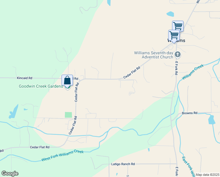 map of restaurants, bars, coffee shops, grocery stores, and more near 631 Cedar Flat Road in Williams