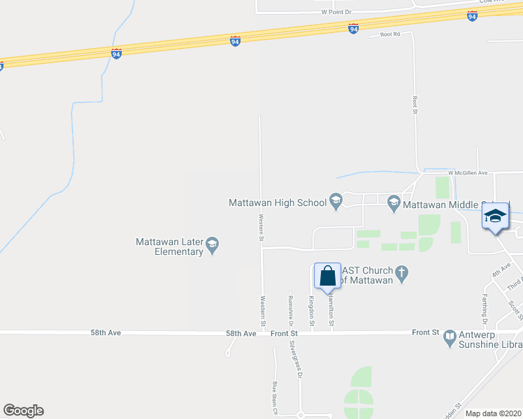 map of restaurants, bars, coffee shops, grocery stores, and more near 56398 Western Street in Mattawan