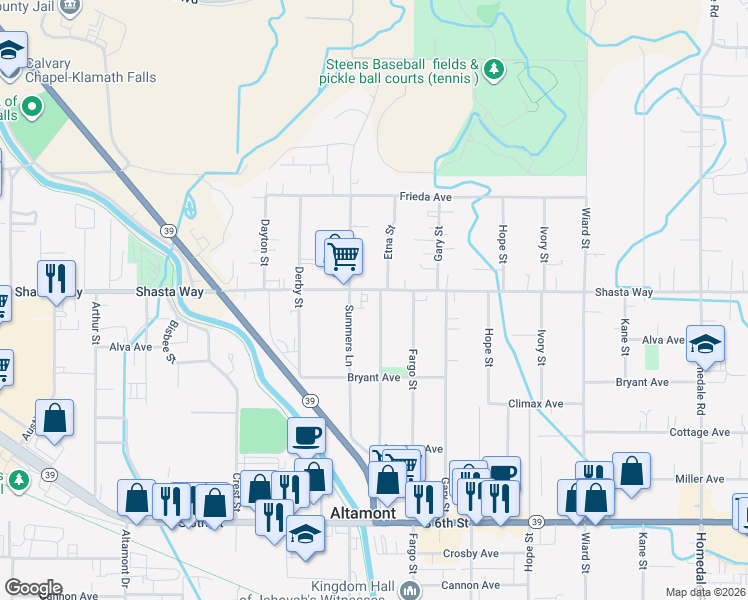 map of restaurants, bars, coffee shops, grocery stores, and more near 1749 Summers Lane in Klamath Falls