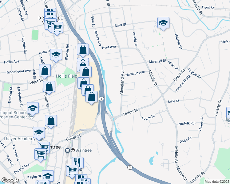 map of restaurants, bars, coffee shops, grocery stores, and more near 141 Cleveland Avenue in Braintree