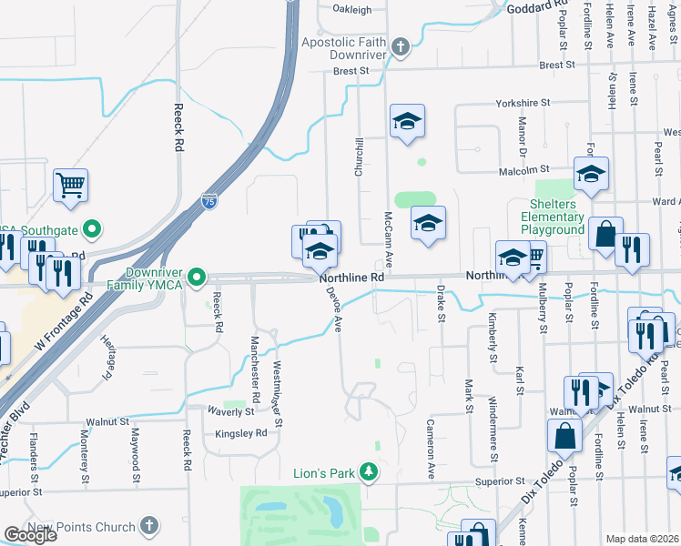 map of restaurants, bars, coffee shops, grocery stores, and more near in Southgate