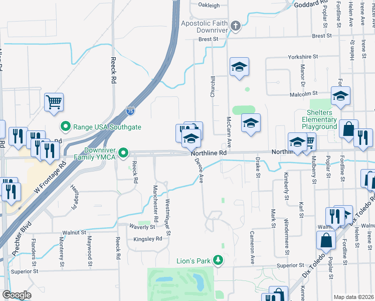 map of restaurants, bars, coffee shops, grocery stores, and more near 15675 Northline Road in Southgate