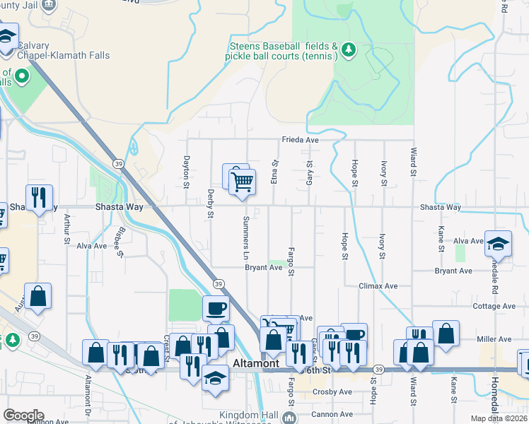 map of restaurants, bars, coffee shops, grocery stores, and more near 1749 Summers Lane in Klamath Falls