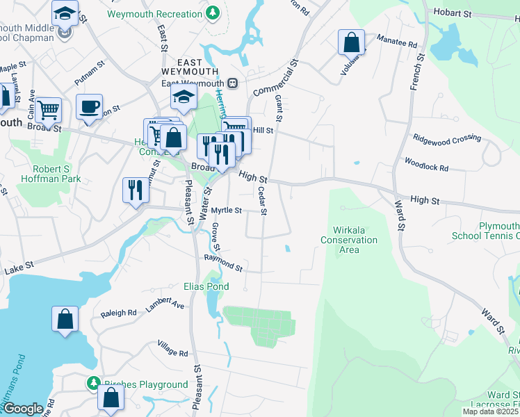 map of restaurants, bars, coffee shops, grocery stores, and more near 56 Cedar Street in Weymouth