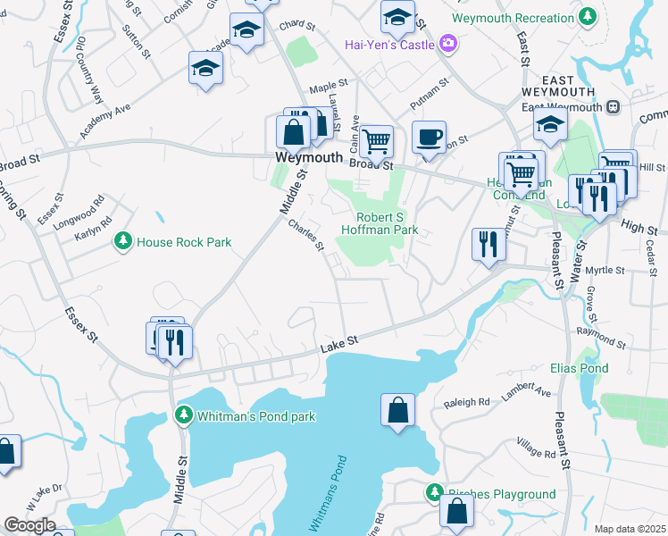 map of restaurants, bars, coffee shops, grocery stores, and more near 86 Charles Street in Weymouth