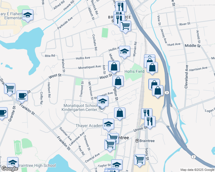 map of restaurants, bars, coffee shops, grocery stores, and more near 15 Robinson Avenue in Braintree