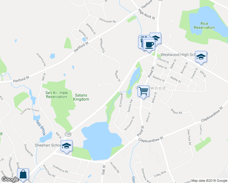 map of restaurants, bars, coffee shops, grocery stores, and more near 31 Lakeshore Drive in Westwood