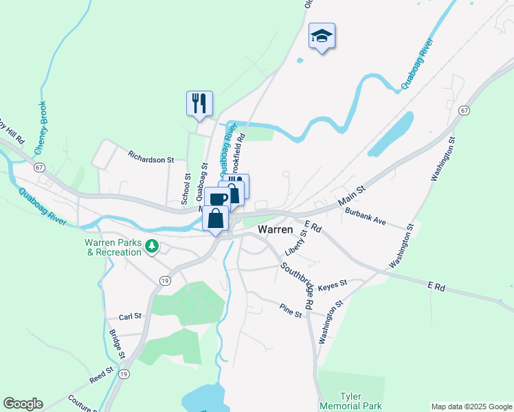 map of restaurants, bars, coffee shops, grocery stores, and more near 25 Southbridge Road in Warren