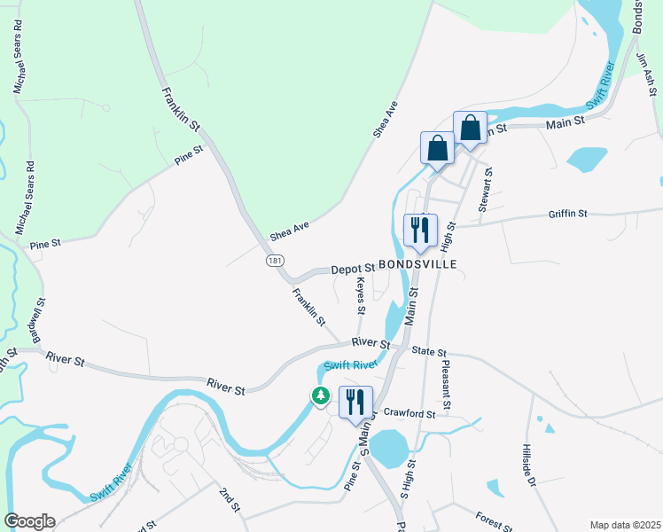 map of restaurants, bars, coffee shops, grocery stores, and more near 12 Depot Street in Belchertown
