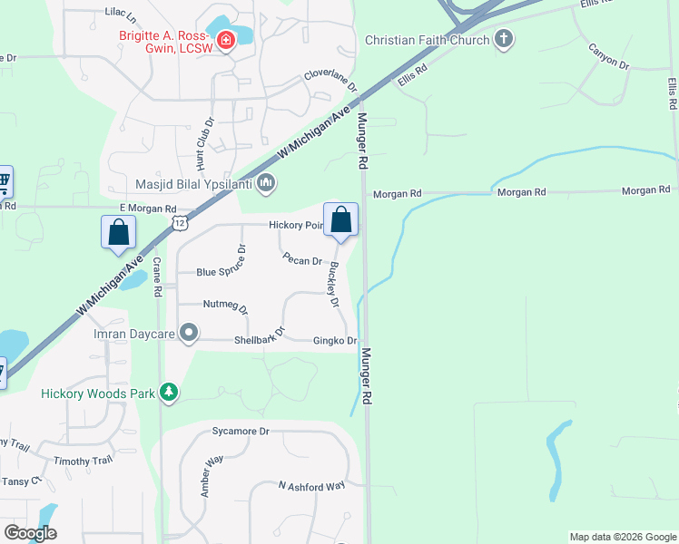 map of restaurants, bars, coffee shops, grocery stores, and more near 5201 Buckley Drive in Ypsilanti