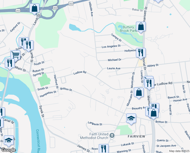 map of restaurants, bars, coffee shops, grocery stores, and more near 50 Ludlow Road in South Hadley