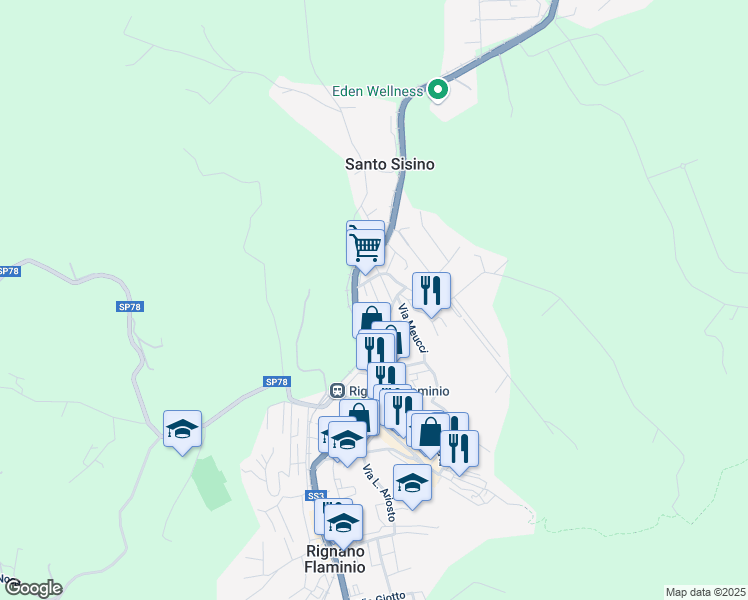 map of restaurants, bars, coffee shops, grocery stores, and more near 118 Strada Statale 3 in Rignano Flaminio